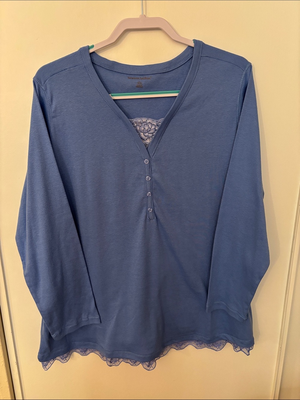 Woman Within Blue Lace-Trim Long-Sleeve Henley